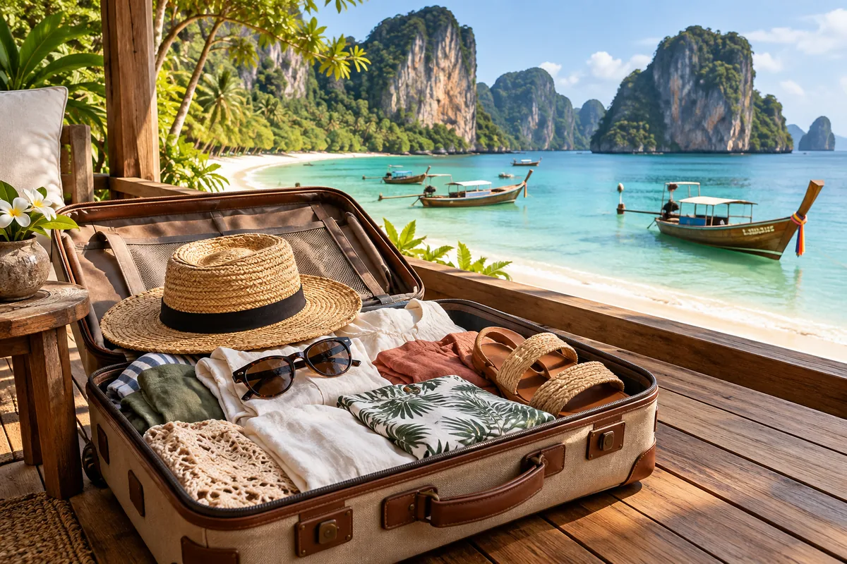 Чемодан с летними вещами на террасе отеля с видом на тропический пляж и лодки в Таиланде Чемодан с летними вещами на террасе отеля с видом на тропический пляж и лодки в Таиланде