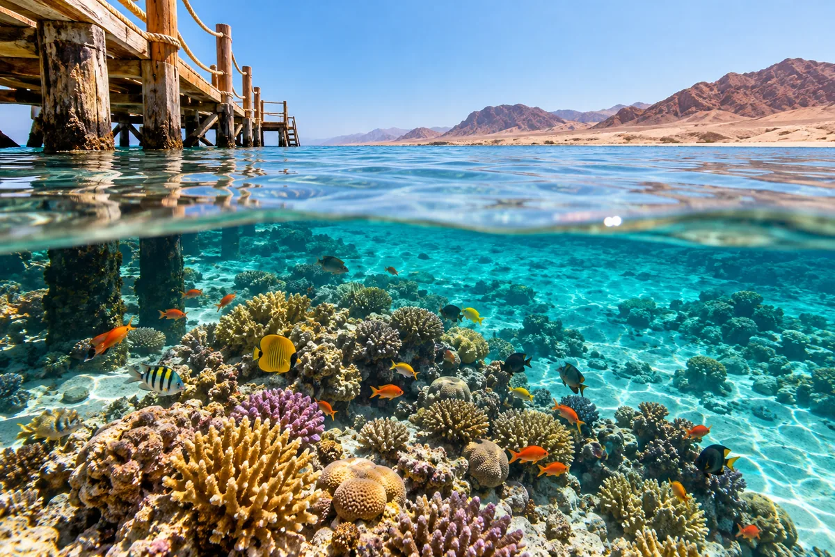 Коралловый риф у берега Красного моря с понтоном и прозрачной бирюзовой водой